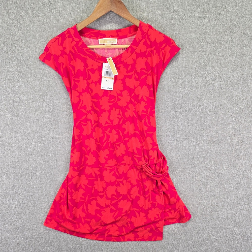 Michael Kors Womens 2X Deep Pink Floral Side Knot Knit Top NWT Plus Size